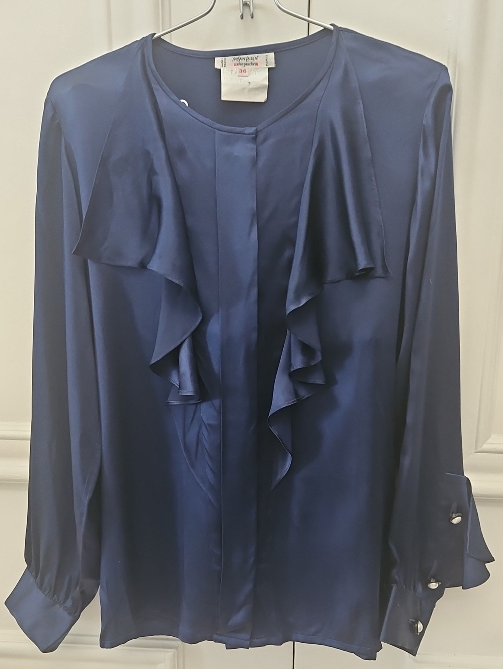 YSL Navy 100% Silk Ruffle-Front Blouse - EU 36